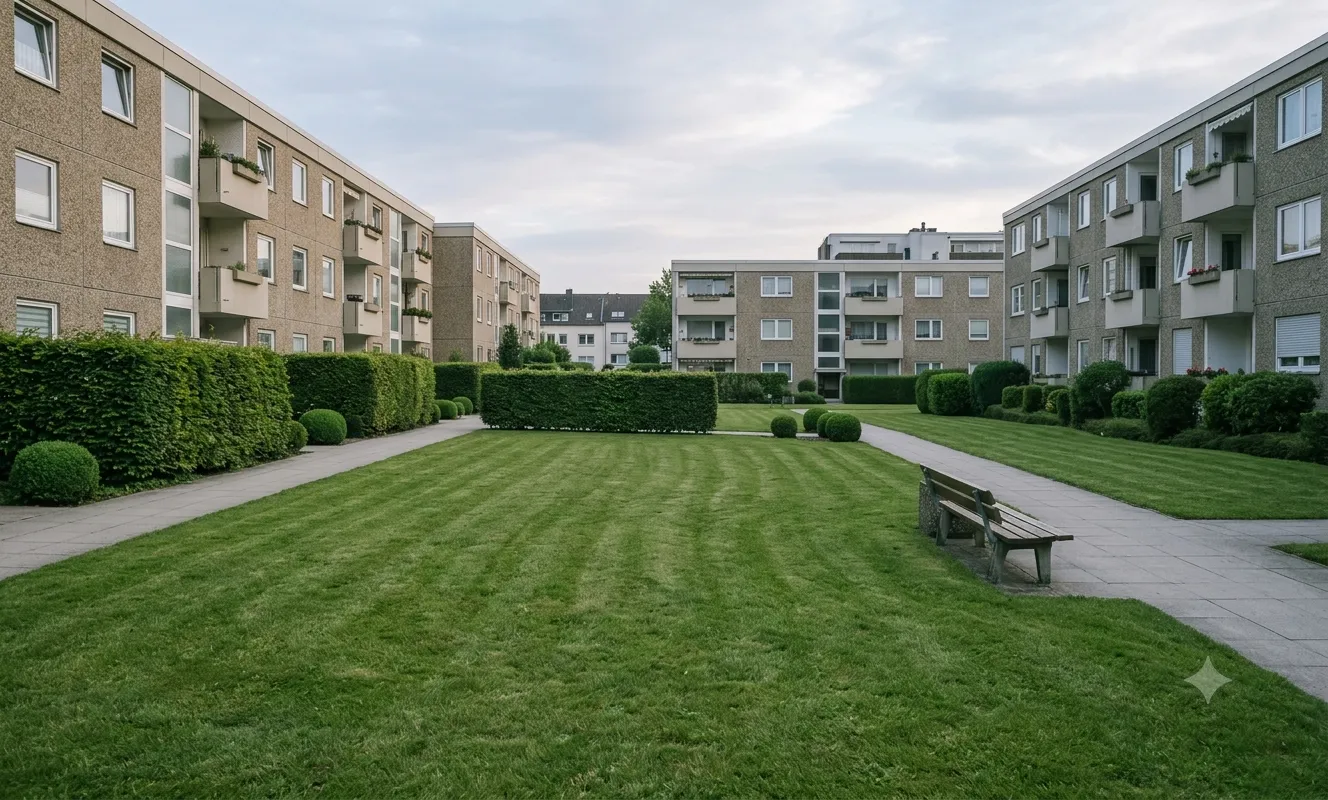 Grünanlage einer Wohnanlage während der regelmäßigen Pflege
