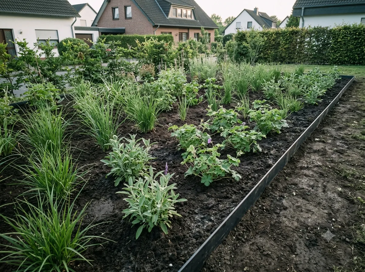 Frisch bepflanztes Staudenbeet mit Mulchschicht und einer Beeteinfassung aus Metall