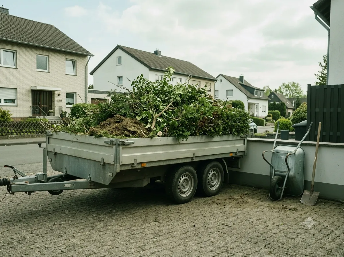 Anhänger mit Grünschnitt und Erdaushub auf einer Baustelle
