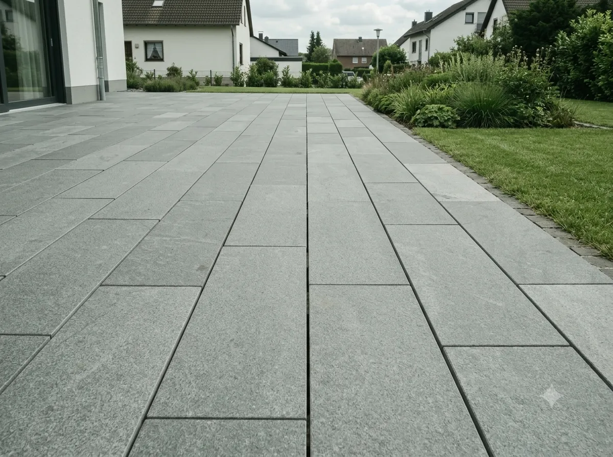 Neu gepflasterte Terrasse aus Betonstein mit Randeinfassung