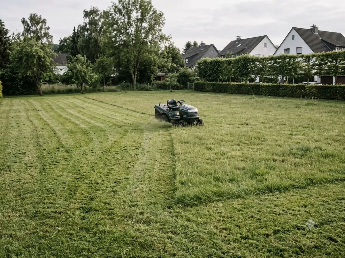 Frisch gemähte Rasenfläche einer Wohnanlage mit Schnittbild in Bahnen