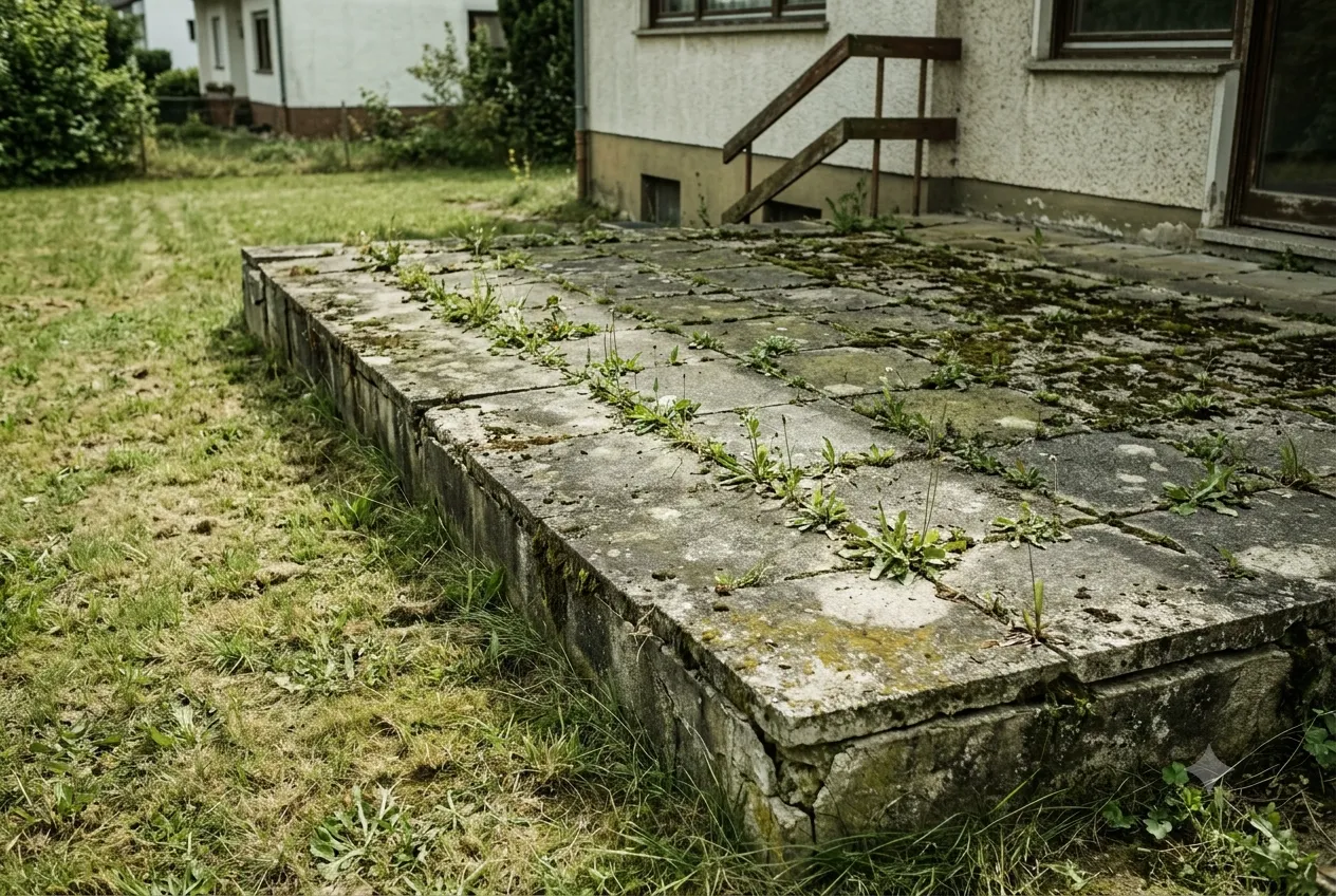Vorher: alte, unebene Plattenterrasse