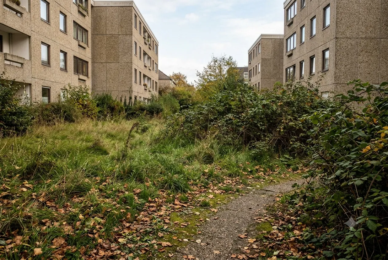 Vorher: ungepflegte Grünfläche einer Wohnanlage