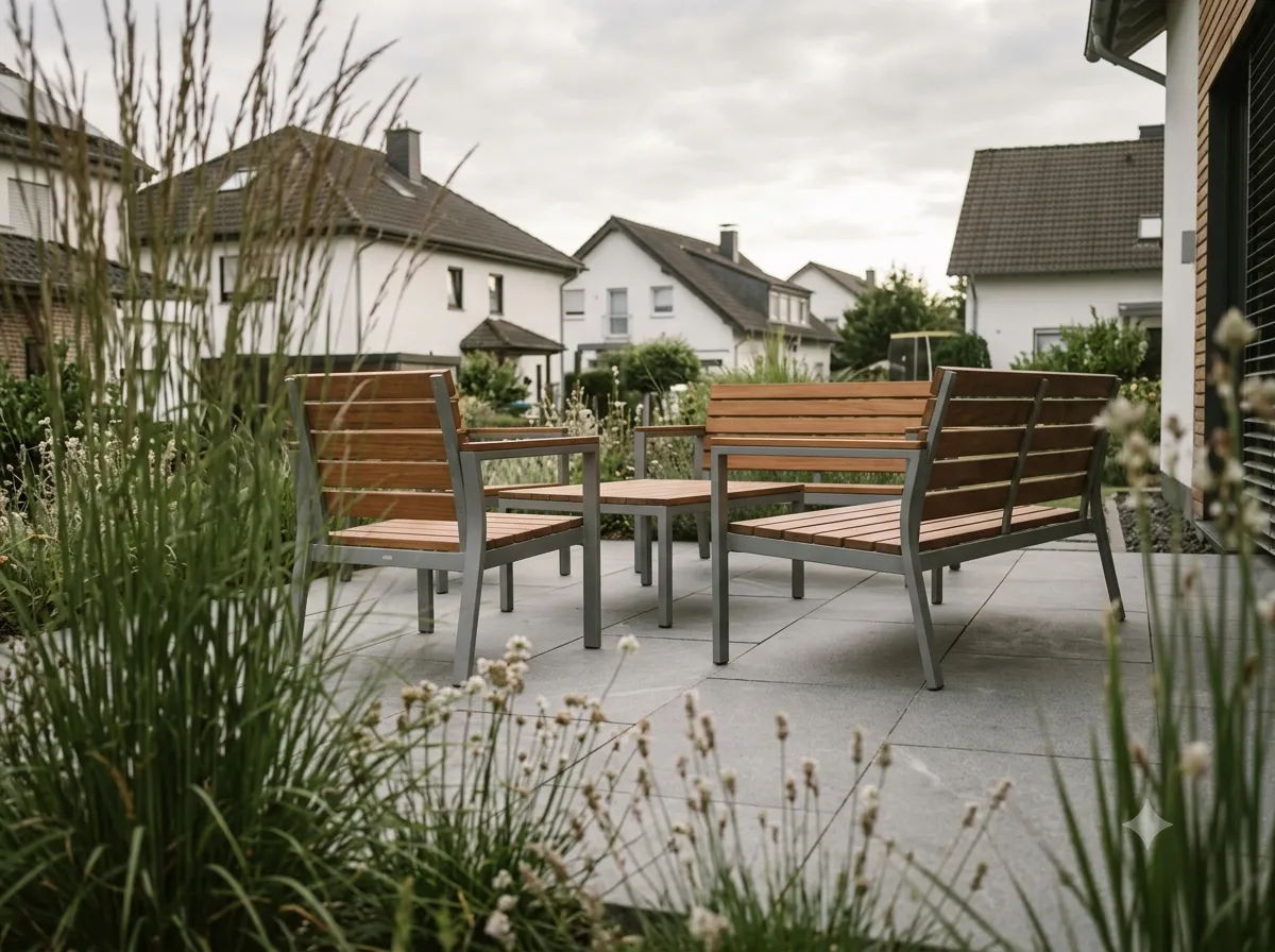 Terrasse mit Sitzbereich in Abendstimmung