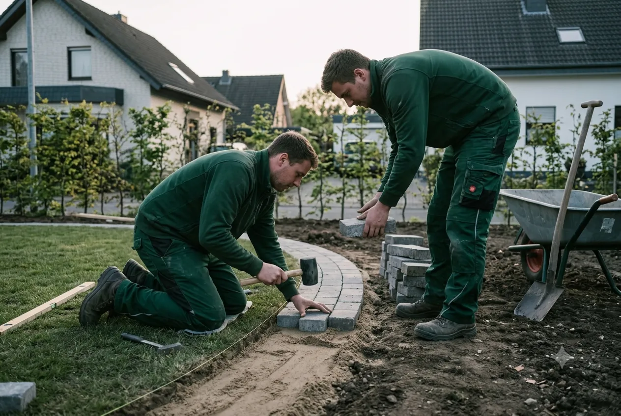 Mitarbeiter von Lürken bei Pflegearbeiten in einem Garten